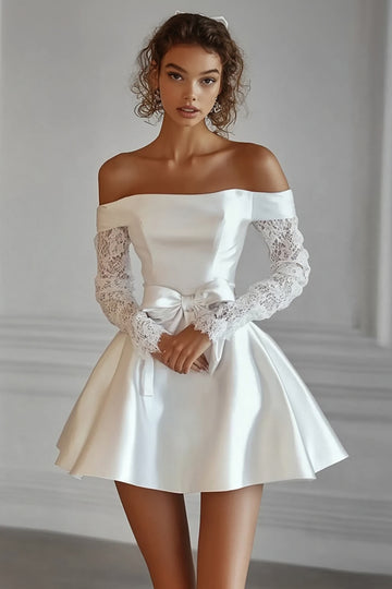 White Off The Shoulder Satin Graduation Dress with Lace